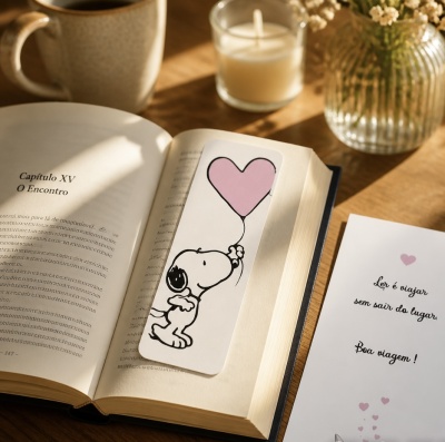 Marcador de livros com desenho de Snoopy e balão cor-de-rosa no livro aberto