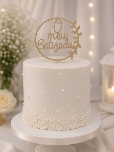 Bolo branco decorado para batizado com topo dourado com o texto O meu Batizado