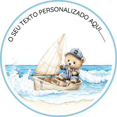Urso de pelúcia vestido de marinheiro num veleiro em mar com texto personalizado.