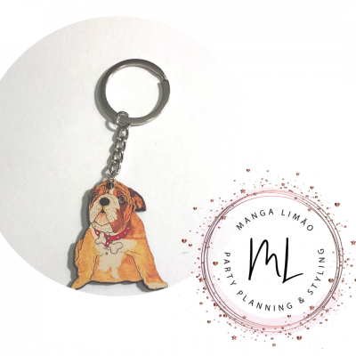 Porta-chaves com pendente de cão bulldog pintado à mão