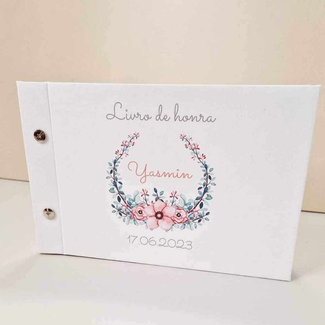 Livro de honra floral Livro de honra branco com flores e texto Yasmin 17.06.2023