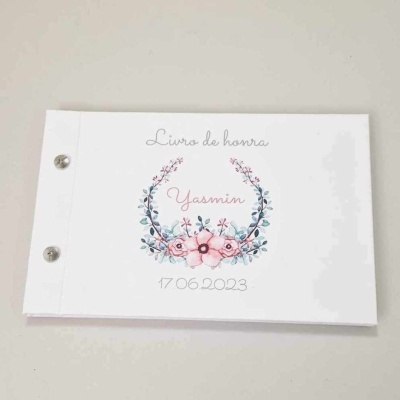 Livro de honra branco com flores e texto personalizado