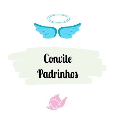 Convite para padrinhos com asas azuis, halo e flor rosa