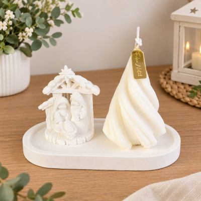 Conjunto decorativo de presépio branco e vela em forma de árvore com etiqueta dourada