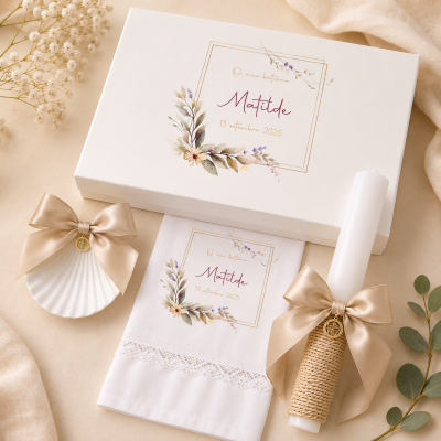 Conjunto de batismo com vela, toalha e caixa decorativa branca e dourada
