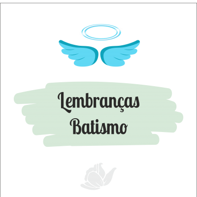 Asas azuis e auréola com texto Lembranças Batismo e anjinhos