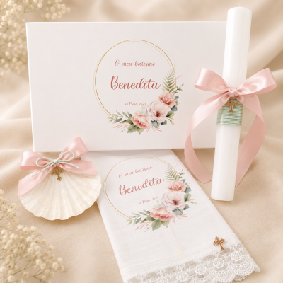 Conjunto para batismo com vela branca, concha decorativa, toalha branca e caixa personalizada