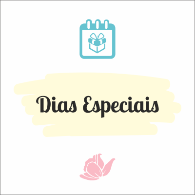 Ícone azul de calendário com presente, texto Dias Especiais e flor rosa num fundo branco
