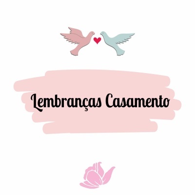 Duas pombas coloridas com coração, texto 'Lembranças Casamento' e flor rosa