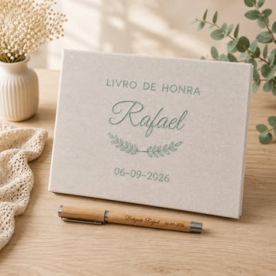 Livro de honra beige com texto bordado e caneta de madeira sobre mesa