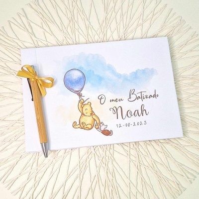 Convite de batizado com ursinho e caneta amarela com laço