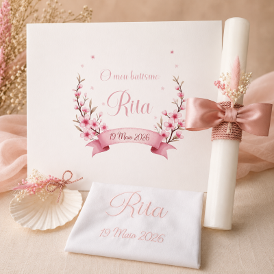 Conjunto de convite, vela e toalha para batismo com decoração rosa e branca