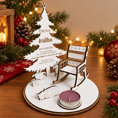 Decoração de Natal em madeira com pinheiro, cadeira de baloiço, gato, caixas e vela