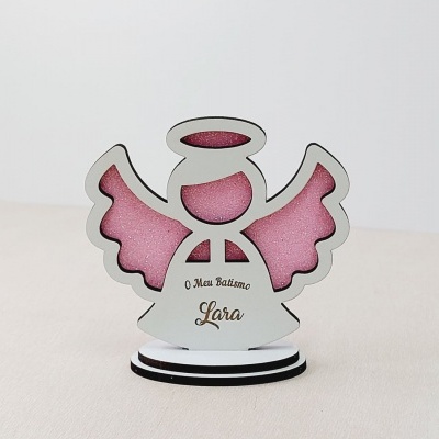Anjo decorativo branco com interior rosa glitter e texto gravado