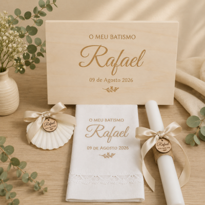 Conjunto para batismo personalizado com nome Rafael e data 09 de Agosto 2026 em madeira, tecido e vela