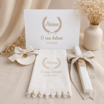 Conjunto para batismo com cartão, toalha, concha decorativa e vela, todos em tons neutros com texto personalizado.
