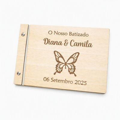 Livro de madeira personalizado para batizado com nomes e data gravados