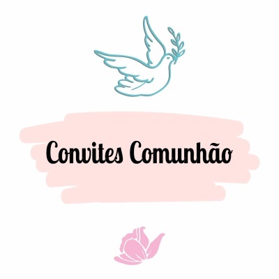 Convites Comunhão com desenho de pomba azul e fundo rosa