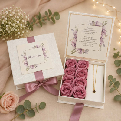 Caixa branca com flores e colar para madrinha