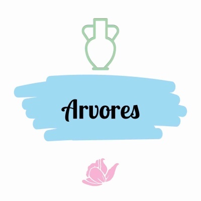 Ícone de vaso verde, texto 'Arvores' em preto sobre fundo azul claro, e flor rosa em fundo branco