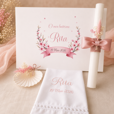 Conjunto de batismo com convite, vela decorada, toalha bordada e concha com flores secas