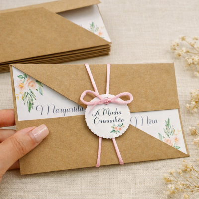 Convites para comunhão em envelope de papel kraft com flores e cordão rosa