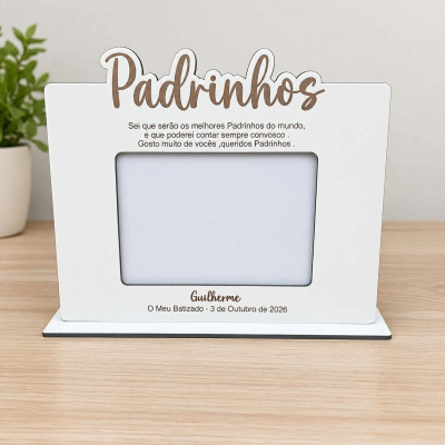 Porta-fotos branco com texto em castanho e preto com palavra Padrinhos e mensagem para padrinhos