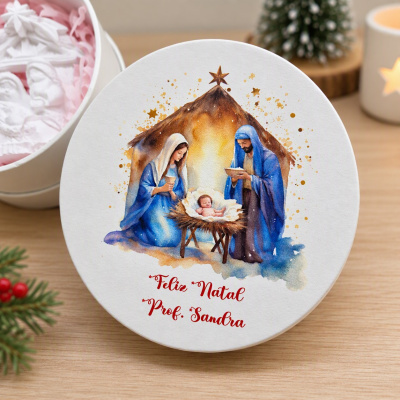 Caixa de Natal redonda branca com ilustração da natividade e texto personalizado