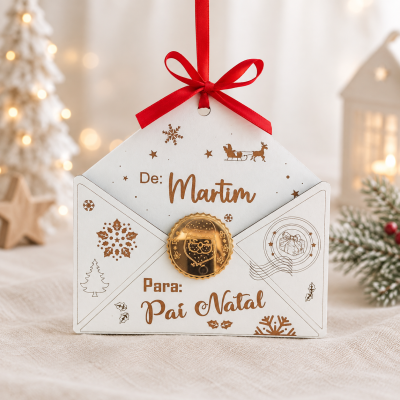 Pacote decorativo branco com selo dourado e fita vermelha com tema natalício