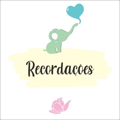 Desenho de elefante com coração, texto Recordações e flor rosa