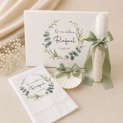 Conjunto de batismo com caixa, toalha, vela e concha decorados com folhas verdes e laços verdes.