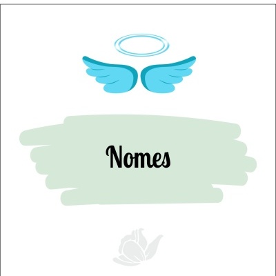 Ilustração com asas azuis, auréola, texto 'Nomes' e silhueta de pássaro