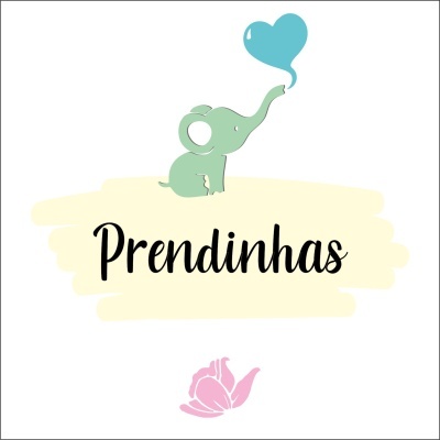 Ilustração de elefante verde claro com coração azul e texto 'Prendinhas'