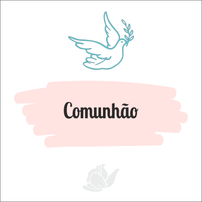 Logotipo com pomba azul, texto 'Comunhão' em rosa, fundo preto