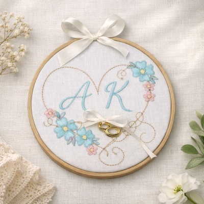 Aro bordado com flores, letras e anéis para casamento