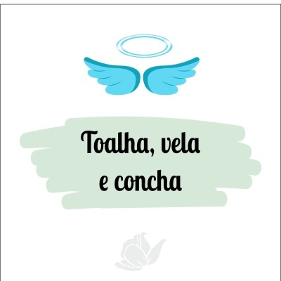 Ilustração digital com texto 'Toalha, vela e concha' e asas azuis com halo