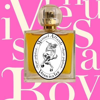 Perfume bottle with a centaur label and gold-yellow liquid in front of pink background