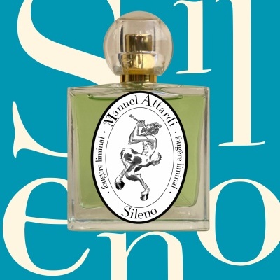 Perfume bottle with green liquid and a faun label against teal background