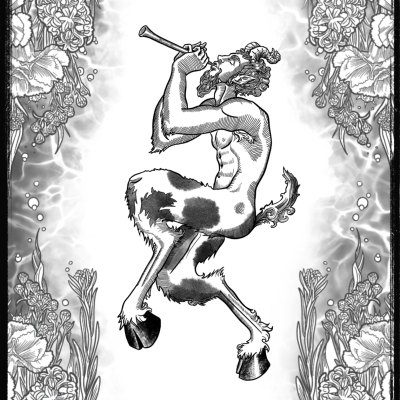 Embalagem de perfume Ophelia com ilustração de sátiro e flores a preto e branco