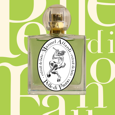Square glass perfume bottle with faun illustration and text on label against green background