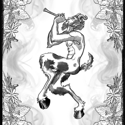 Black and white illustrated perfume packaging with floral border and satyr playing flute