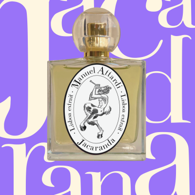 Perfume bottle labeled Manuel Attardi Jacaranda against purple background