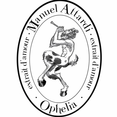 Ilustração de sátiro tocando flauta com texto Manuel Attardi extrait d'amour Ophelia