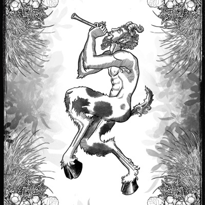 Black and white perfume packaging illustration with satyr and floral decorations.