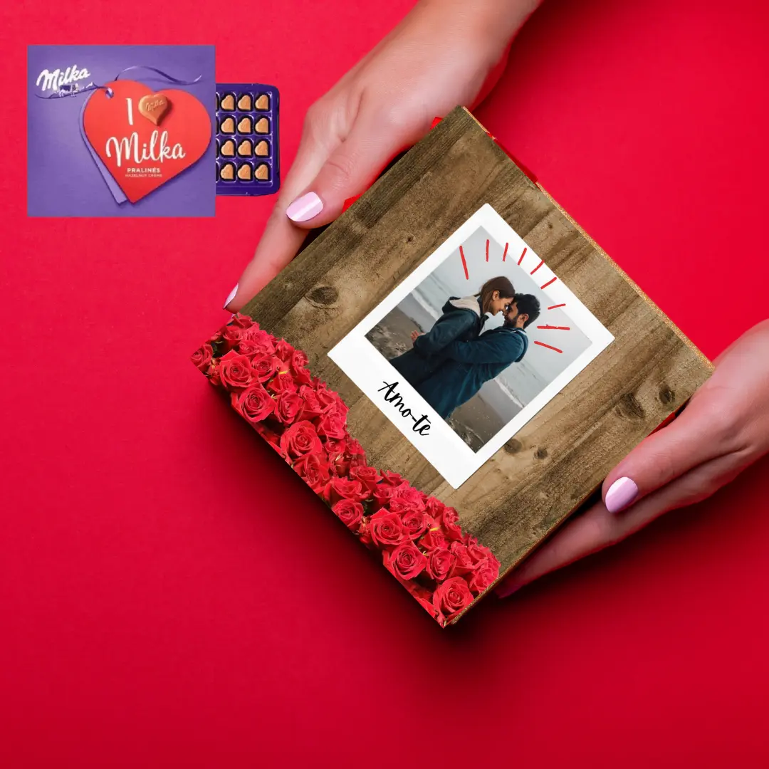 Caixa decorativa com foto de casal e rosas vermelhas