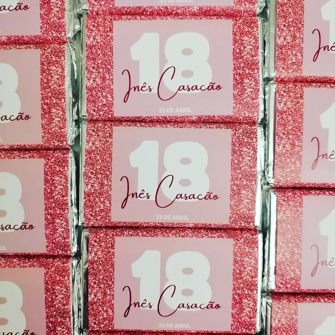 Barras de chocolate com etiquetas rosa e texto 18 Inês Casacão 29 DE ABRIL