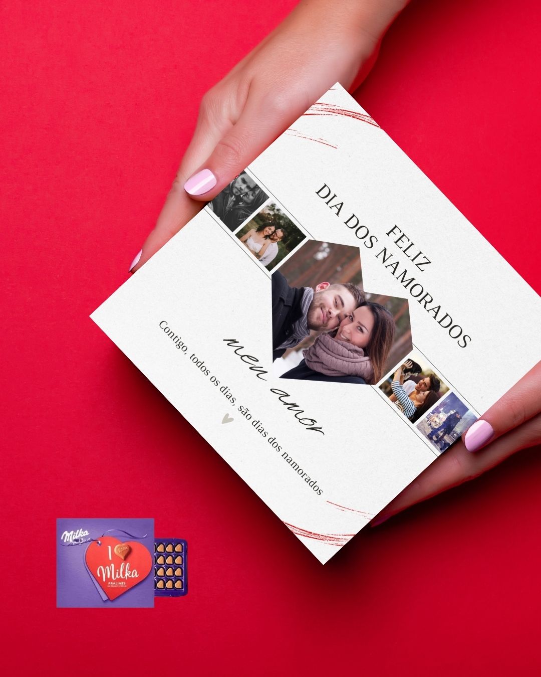 Cartão de dia dos namorados com fotos de casais e caixa de chocolates Milka