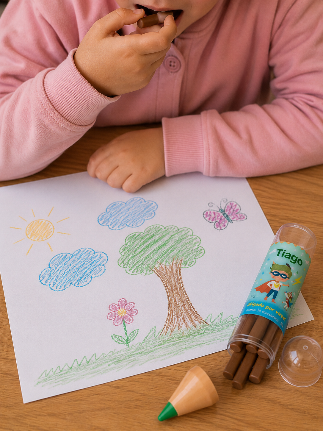 Desenho colorido e tubo de lápis de cor com etiqueta personalizada