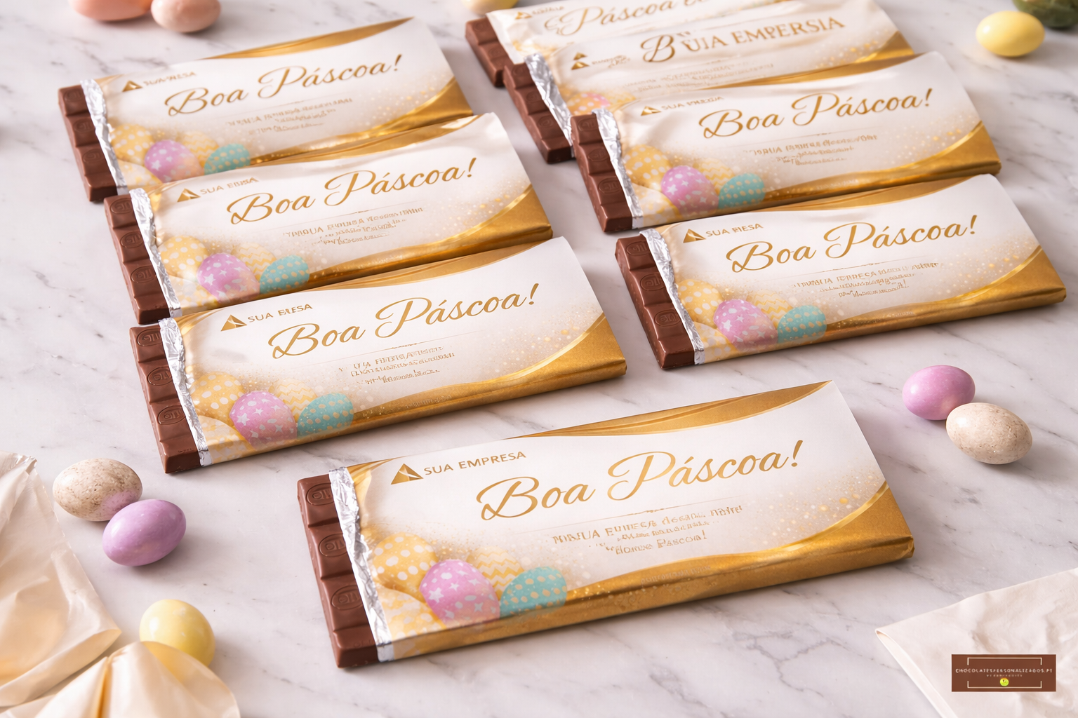 Barrinhas de chocolate com embalagem decorada com ovos coloridos e texto Boa Páscoa