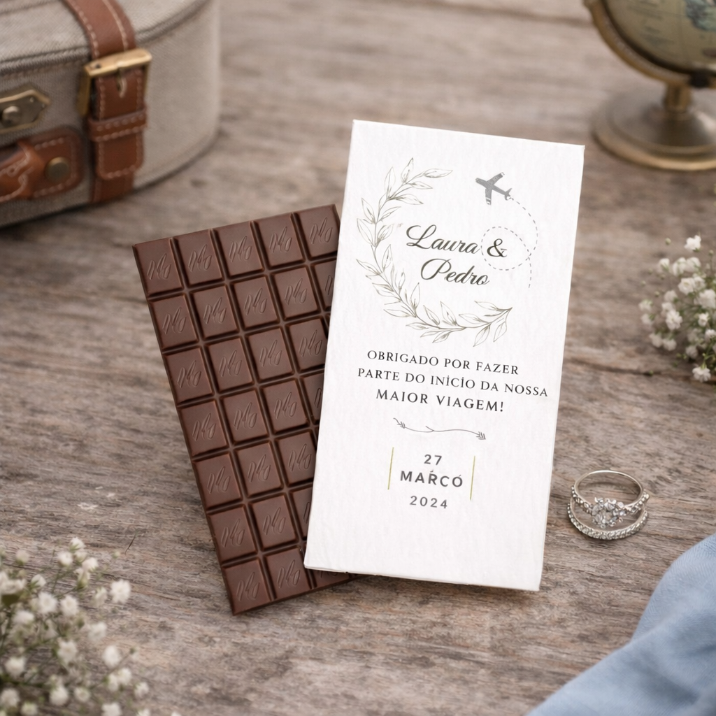 Barra de chocolate com embalagem personalizada branca com texto de agradecimento para casamento, sobre superfície de madeira com mala, flores e anel